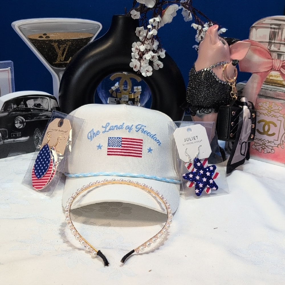 4th Of July Party Package White Cap, Pearl Headband, 2 Pair RWB Dangle Earrings